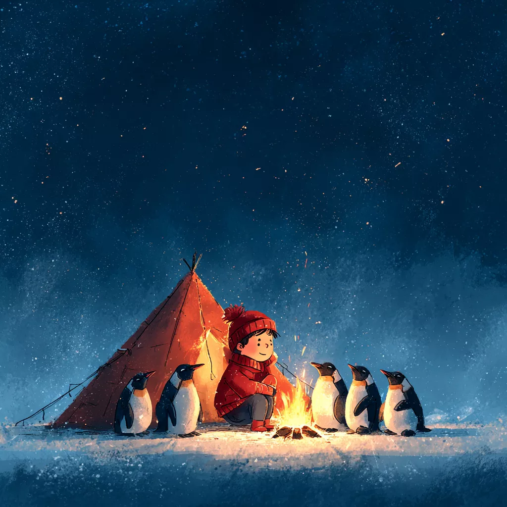 wbsoft_A_young_boy_camping_with_a_group_of_penguins_in_Antarcti_b851c167-9e67-47ba-bd50-69f02a4093d9.png