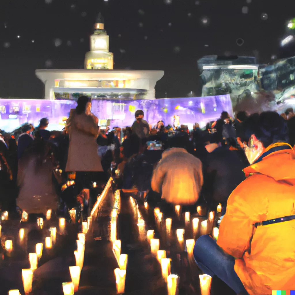 DALL·E 2023-05-12 18.37.09 - Citizens holding candlelight vigils at Gwanghwamun Square in South Korea on a starry night. People's faces looked calm..png