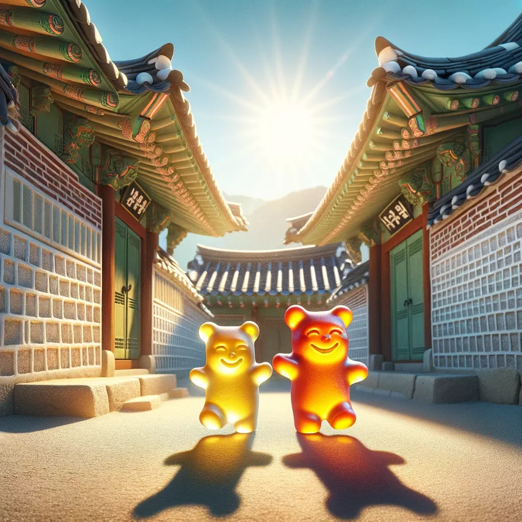 DALL·E 2024-01-10 21.46.20 - The scene depicts two traditional Korean Hanok houses. There are two gummy bears walking and laughing together in the daylight, illuminated by bright .png