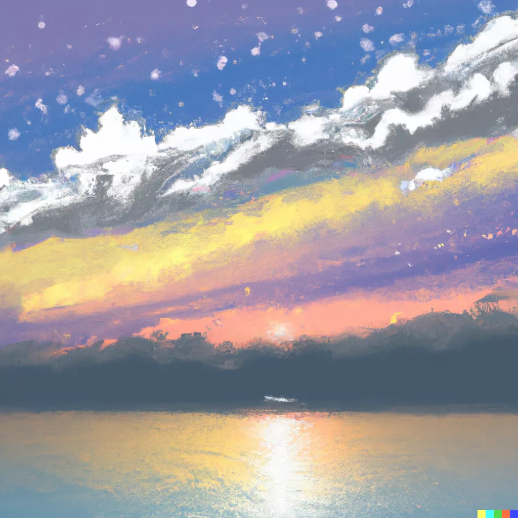 DALL·E 2023-09-21 12.45.57 - Draw the clouds floating on the sea and the sun rising in the Impressionist style..png