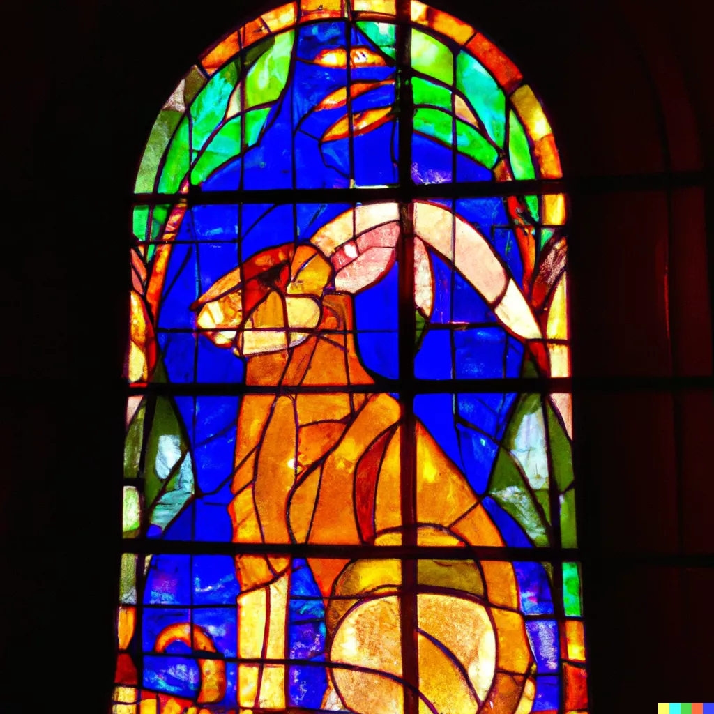 DALL·E 2023-05-12 18.06.22 - The stained glass windows, shaped like rabbits, elephants, monkeys, and deer, are rich in color and are illuminated like jewels with bright lights com.png