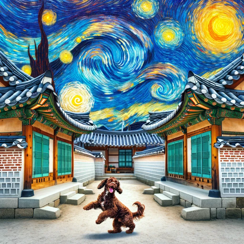 DALL·E 2024-01-10 22.25.29 - The image shows three traditional Korean Hanok houses, notable for their elegant design and tiled roofs, set under a vibrant, starry sky reminiscent o.png