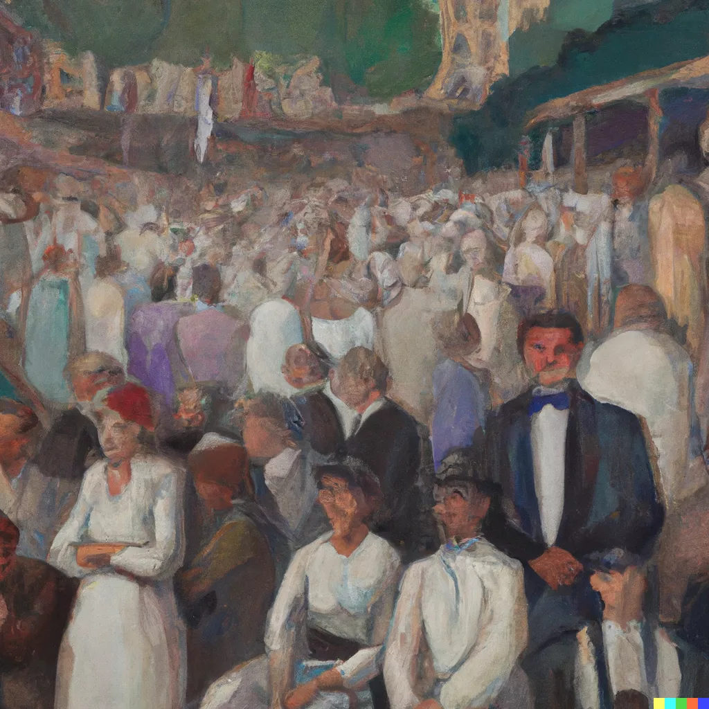 DALL·E 2023-05-12 17.13.42 - People gathered in a square painted by Egon Schile.png