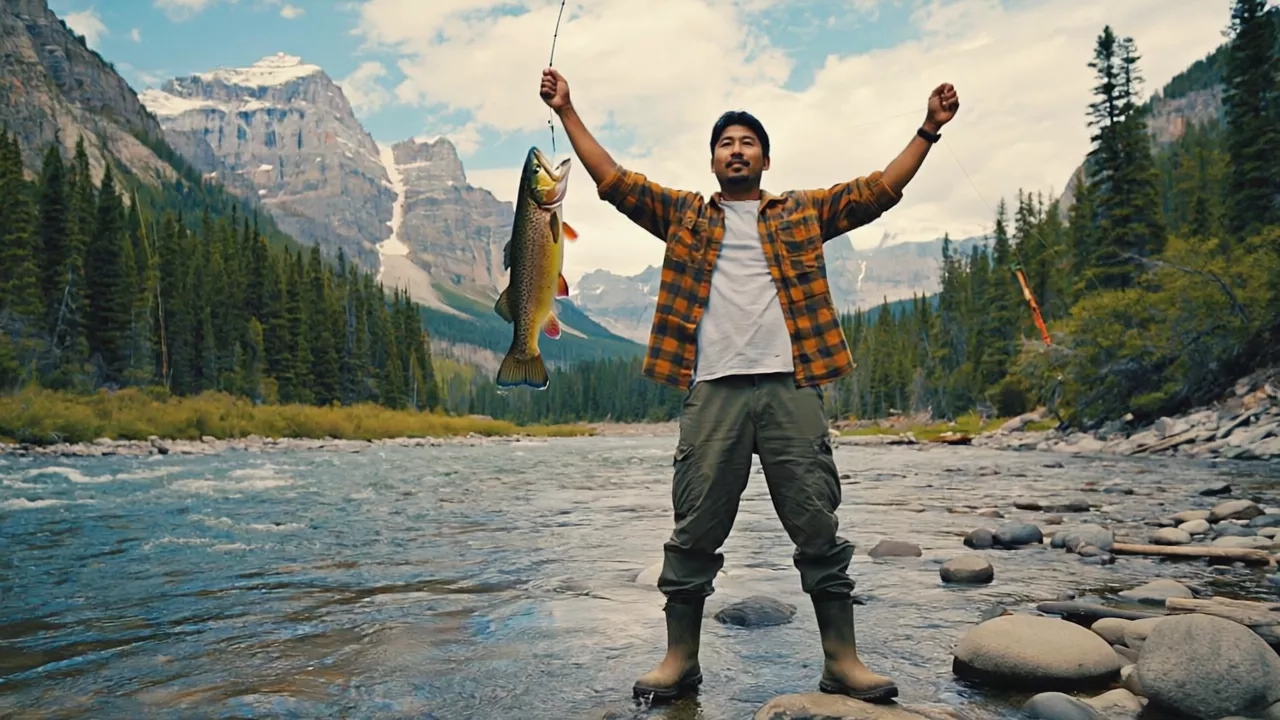 A man in his 40s walks through the mountains with a fishing rod on his back and discovers a large river The man casts his fishing rod into the flowing water and catches a large trout He is so happy_.png