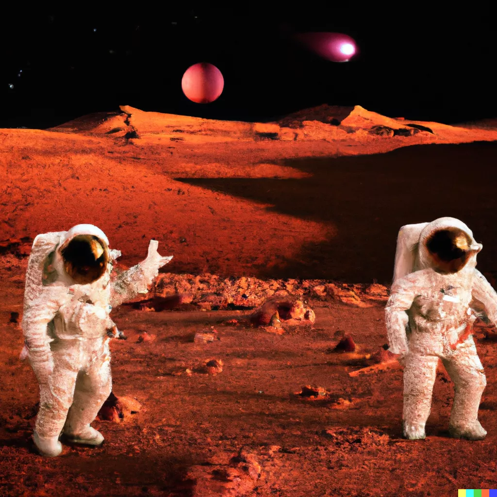 DALL·E 2023-05-12 18.18.06 - Astronauts on Mars have discovered new alien life. The surrounding area is illuminated by planets of various shapes that emit light..png