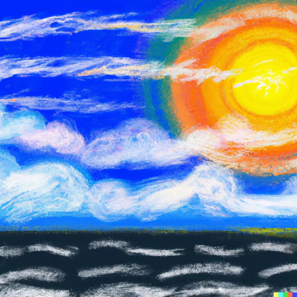 DALL·E 2023-09-21 12.45.42 - Draw the clouds floating on the sea and the sun rising in the Impressionist style..png