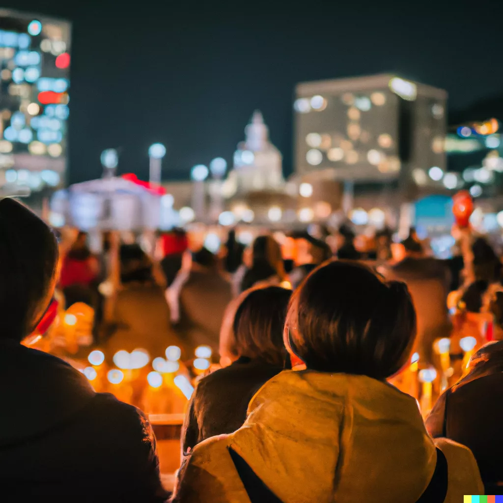 DALL·E 2023-05-12 18.37.15 - Citizens holding candlelight vigils at Gwanghwamun Square in South Korea on a starry night. People's faces looked calm..png