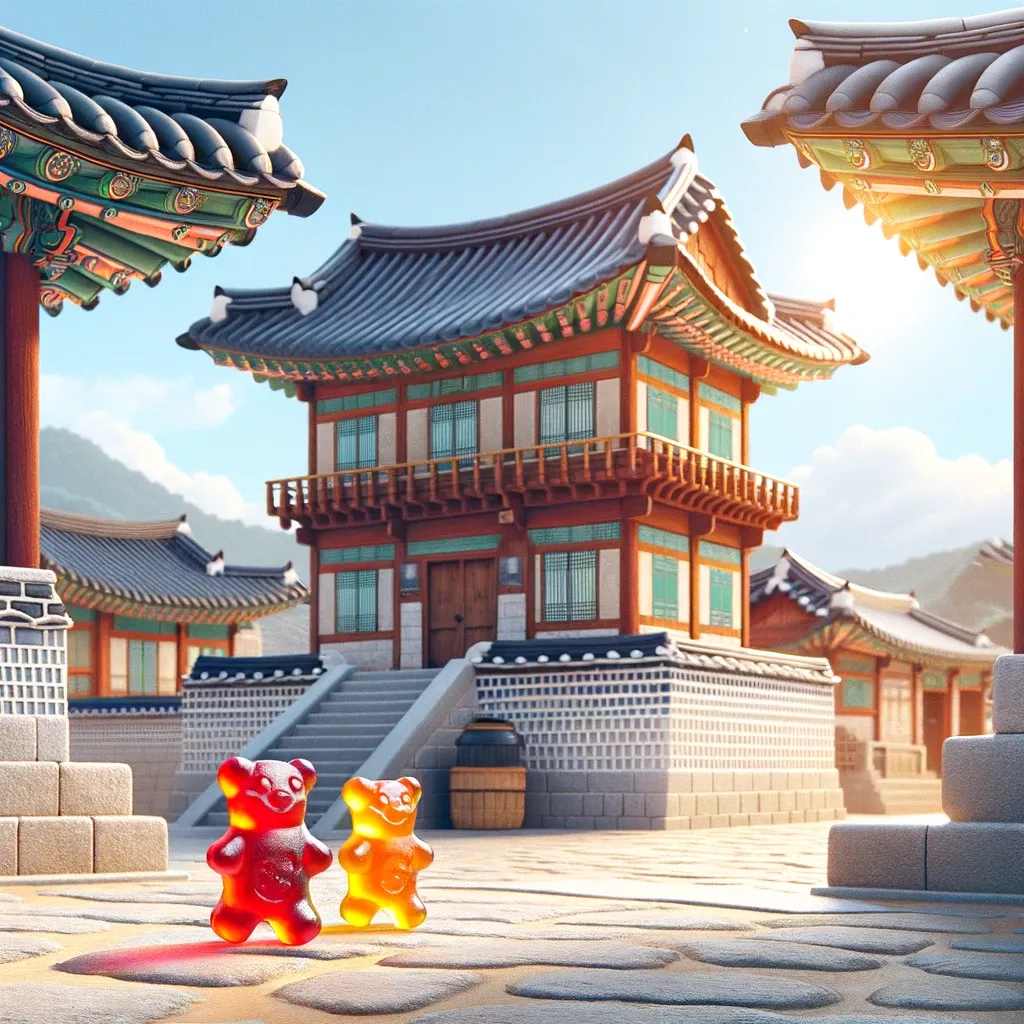 DALL·E 2024-01-10 21.48.31 - A picturesque scene featuring two traditional Korean Hanok houses. The scene is set under the bright, sunny daylight with two gummy bears walking and .png