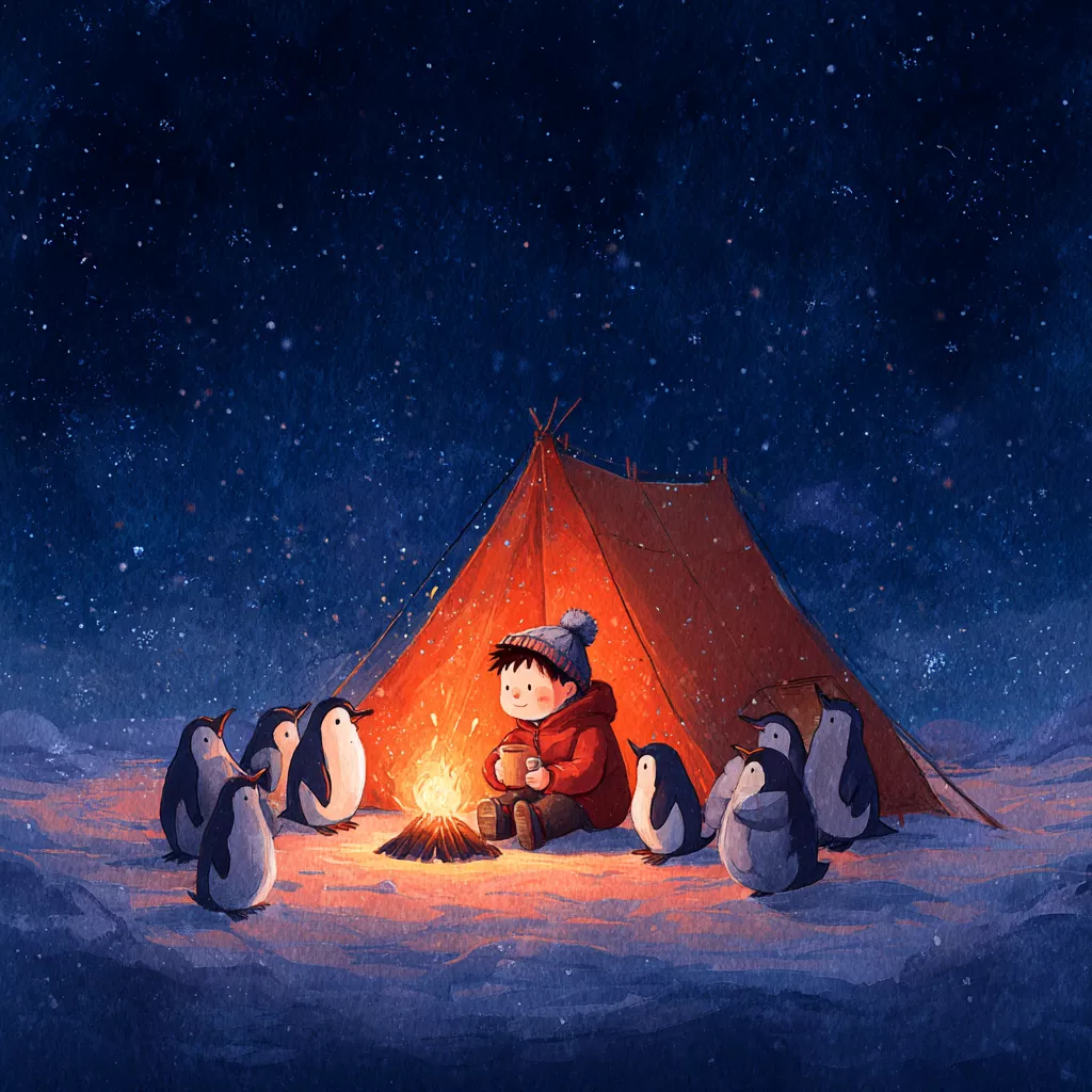 wbsoft_A_young_boy_camping_with_a_group_of_penguins_in_Antarcti_00e2d63b-7756-44dd-9e00-994614de8578.png
