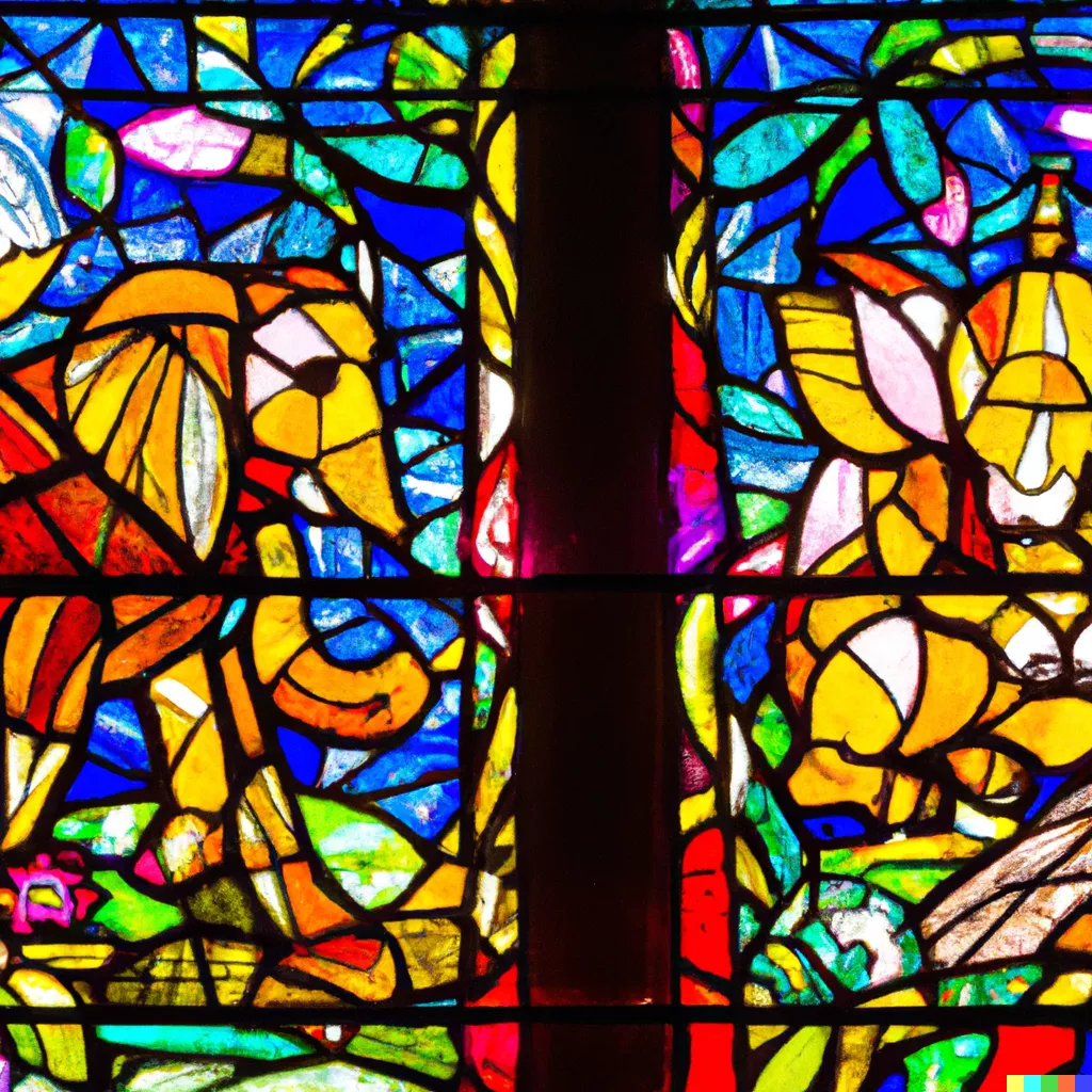 DALL·E 2023-05-12 18.06.08 - The stained glass windows, shaped like rabbits, elephants, monkeys, and deer, are rich in color and are illuminated like jewels with bright lights com.png