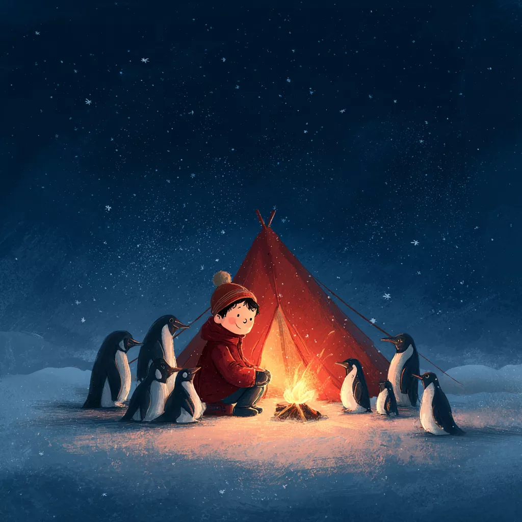 wbsoft_A_young_boy_camping_with_a_group_of_penguins_in_Antarcti_265ef41f-6f82-431c-8278-879468d987a3.png