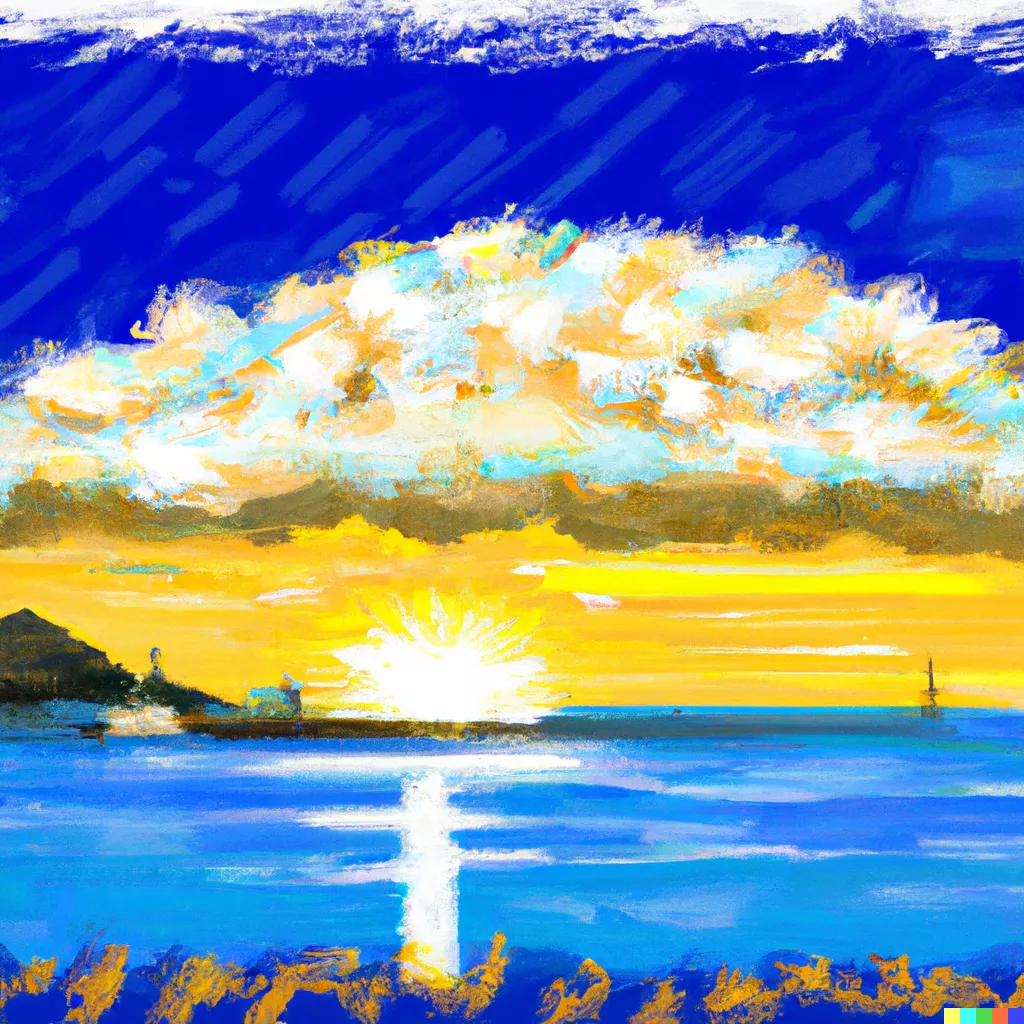 DALL·E 2023-09-21 12.45.51 - Draw the clouds floating on the sea and the sun rising in the Impressionist style..png