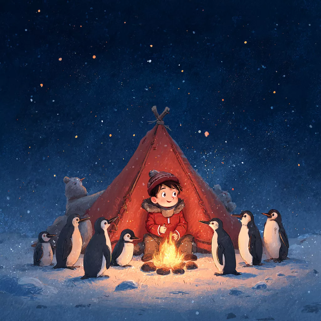 wbsoft_A_young_boy_camping_with_a_group_of_penguins_in_Antarcti_5b1dcb74-c211-42cd-b5b3-8f65df7b65a0.png