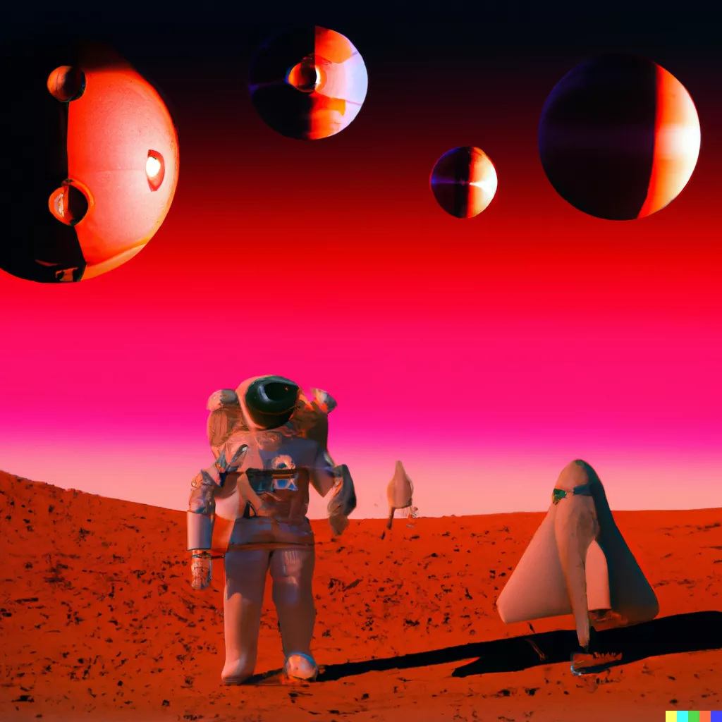 DALL·E 2023-05-12 18.17.58 - Astronauts on Mars have discovered new alien life. The surrounding area is illuminated by planets of various shapes that emit light..png