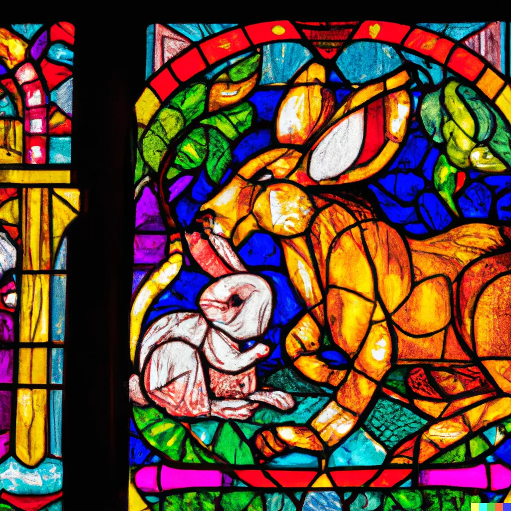 DALL·E 2023-05-12 18.06.02 - The stained glass windows, shaped like rabbits, elephants, monkeys, and deer, are rich in color and are illuminated like jewels with bright lights com.png