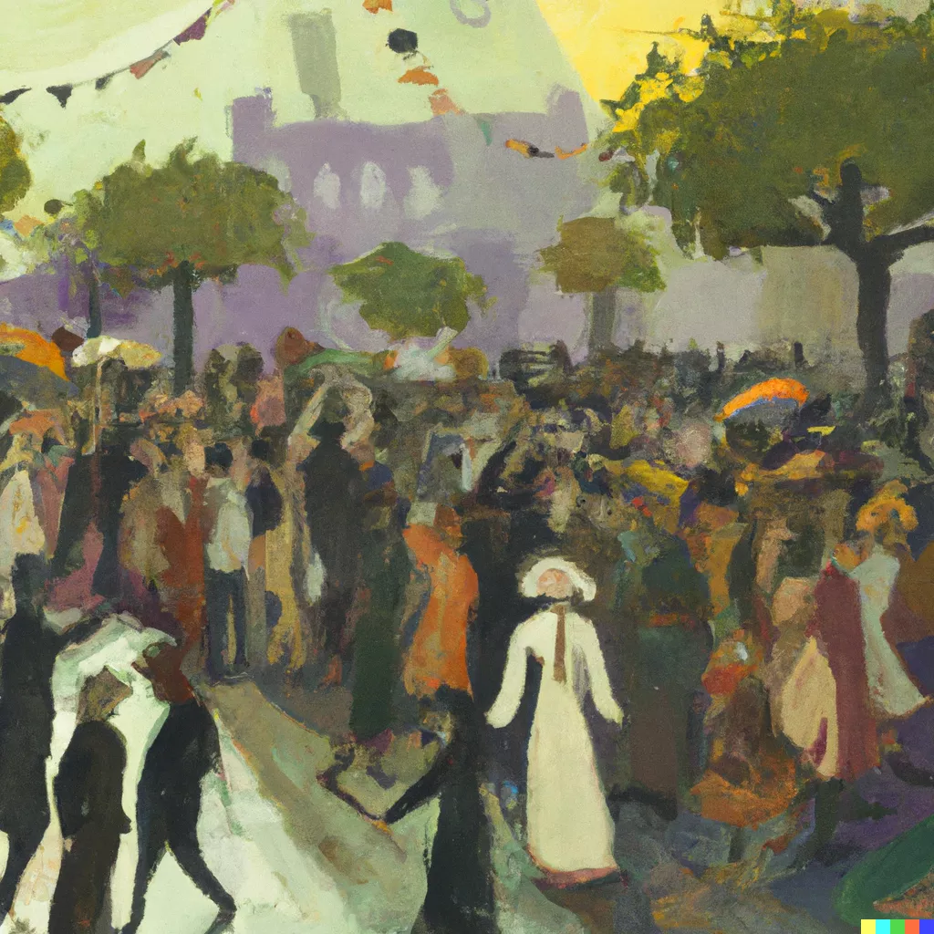 DALL·E 2023-05-12 17.13.51 - People gathered in a square painted by Egon Schile.png