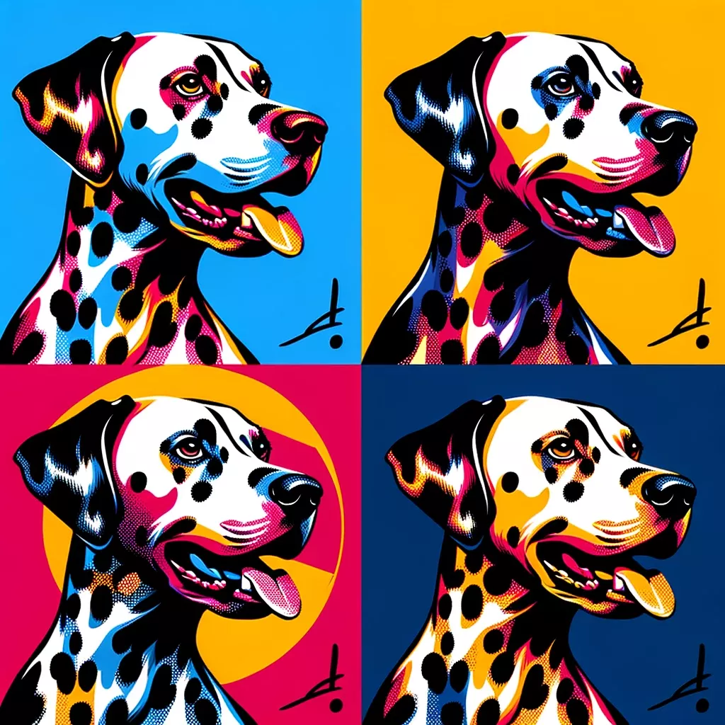 DALL·E 2024-01-15 21.10.44 - Illustrate a Dalmatian dog in a vibrant pop art style, using a four cut style composition. Each section should feature a different color scheme, with .png