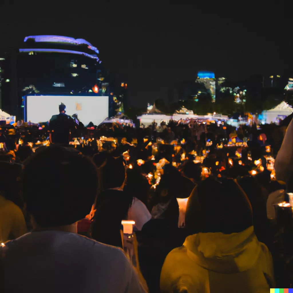 DALL·E 2023-05-12 18.37.21 - Citizens holding candlelight vigils at Gwanghwamun Square in South Korea on a starry night. People's faces looked calm..png